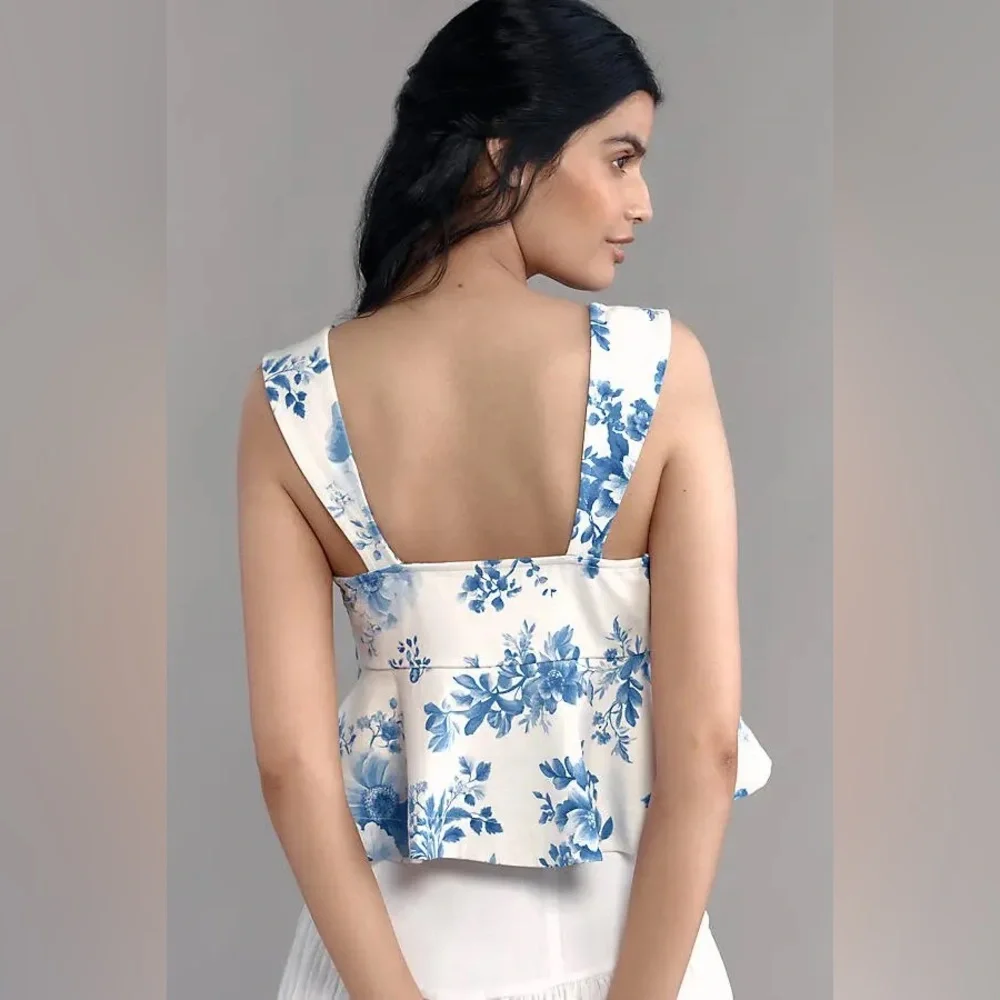 MAEVE Square-Neck Peplum Tank Top - Blue Pattern by Anthropologie. NWOT! - Picture 2 of 3